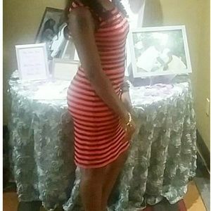 Ladies Coral & Black Striped Mesh Dress